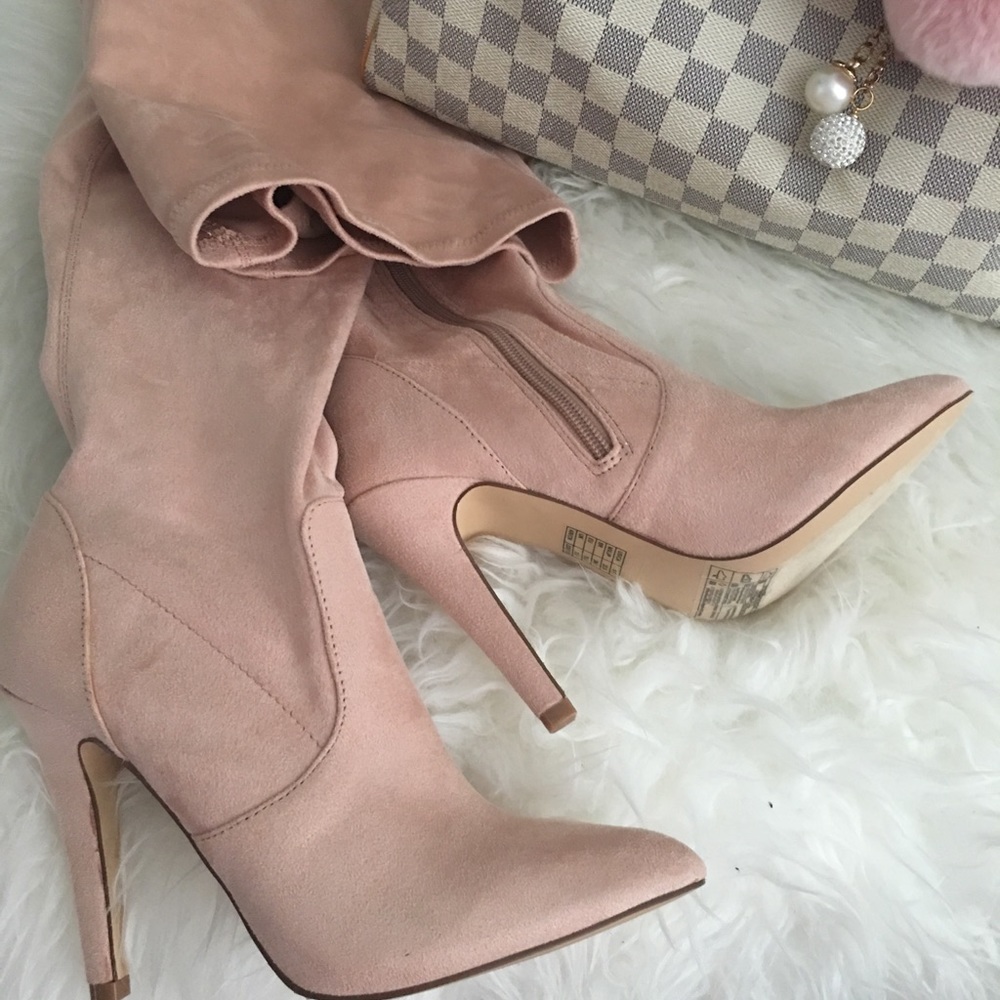 Pink over knee heel booties